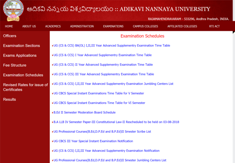 Adikavi Nannaya University UG, PG, B.Ed Time Tables released, Check now