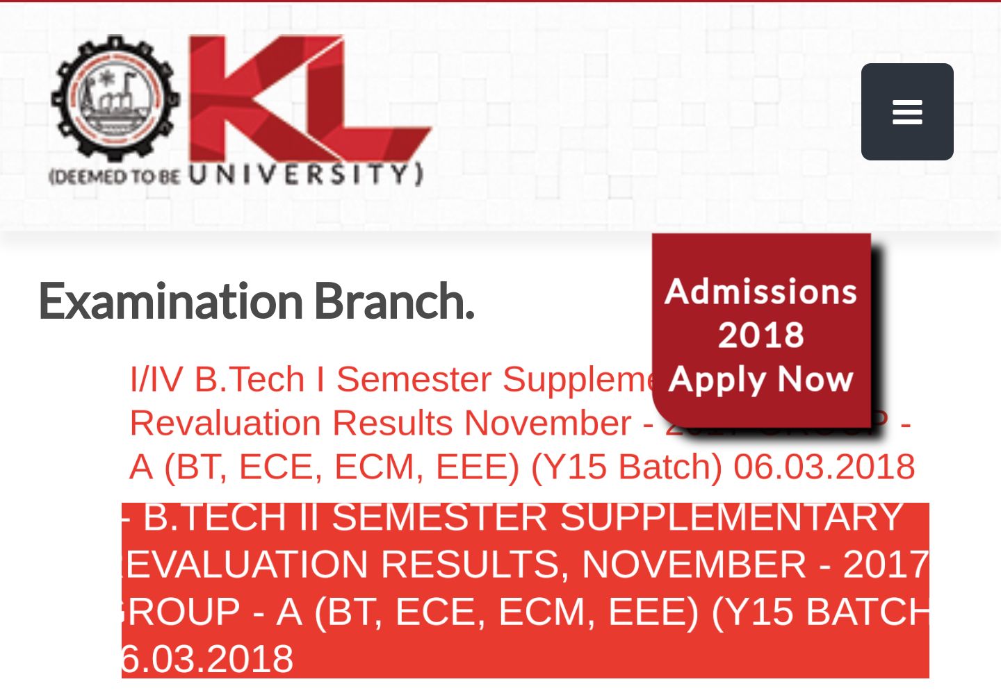 KL University UG, PG Nov 2017 Exams Results released at Kluniversity.in