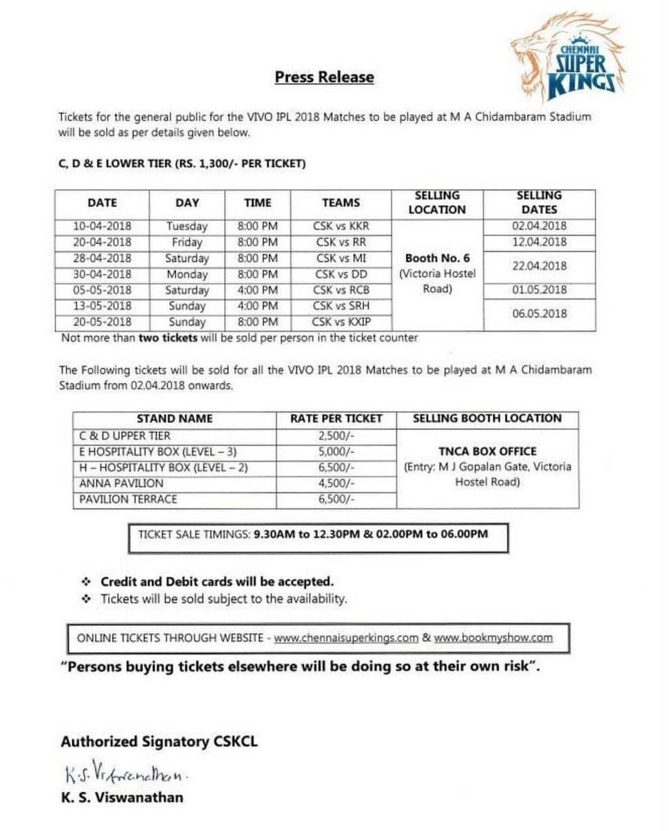 Chennai Super Kings IPL 2018 Online Ticket Booking; IPL 2018 CSK Full Schedule