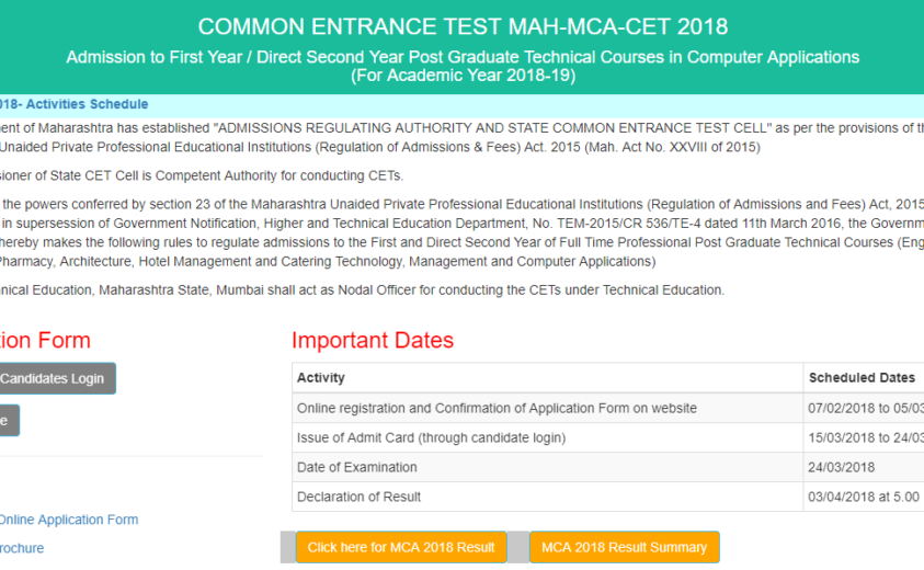 MAH MCA CET 2018 Results released at dtemaharashtra.gov.in