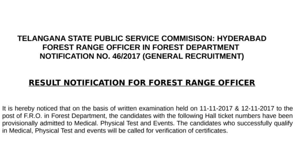 TSPSC Forest Range Officers FRO Results, Verification, Selection list Out