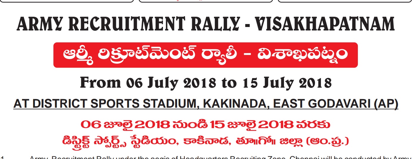 AP Visakhapatnam Army Recruitment Rally 2018 at Kakinada Online Application From 21 May