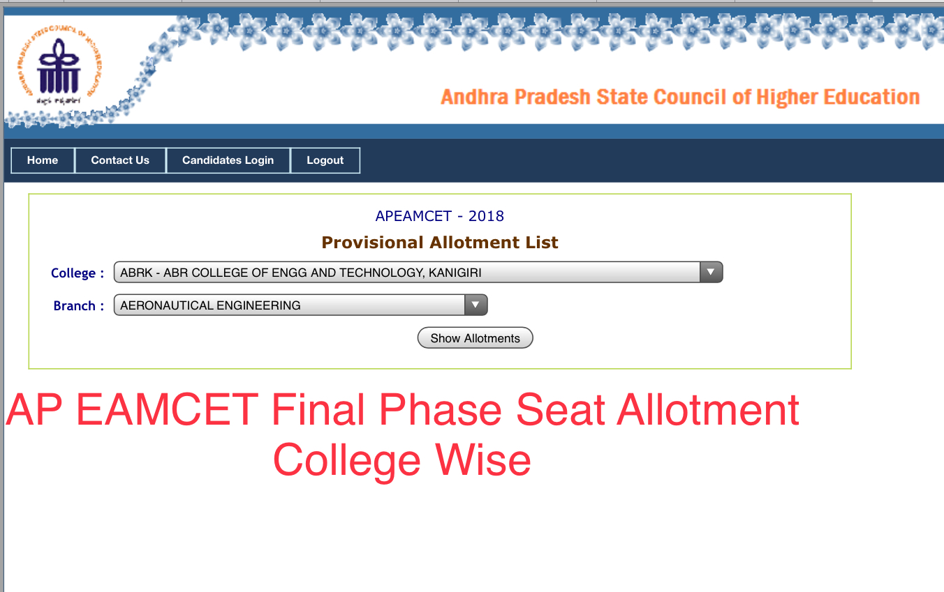 AP EAMCET Final Phase Seat Allotment College Wise apeamcet.nic.in