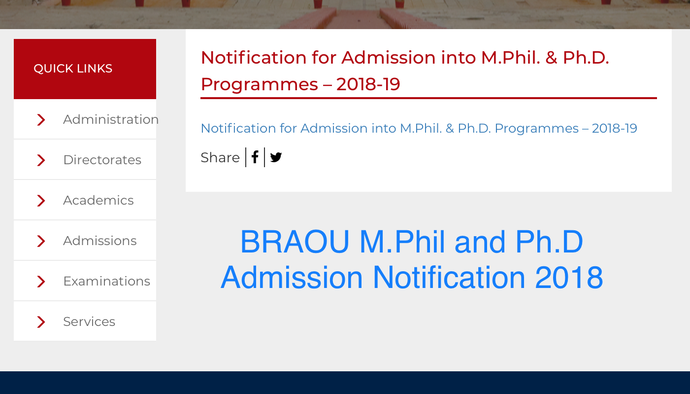 BRAOU M.Phil and Ph.D Admission Notification 2018