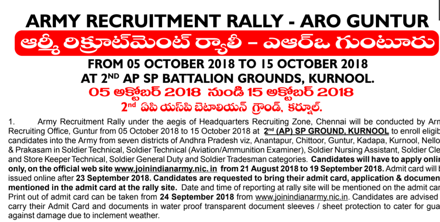 Kurnool Army Recruitment Rally from October 05 to 15