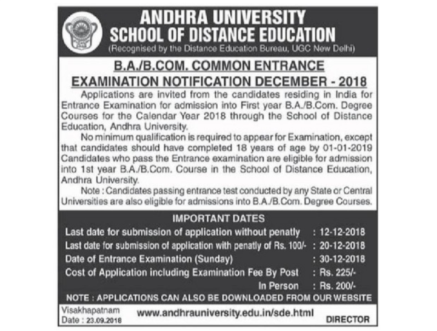 Andhra University Distance Degree Notification 2018 released, Apply B.A/B.Com Admissions